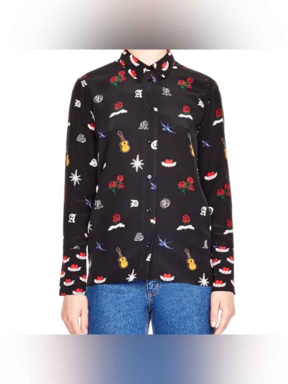 Sandro Black Silk Shirt with Country Motifs